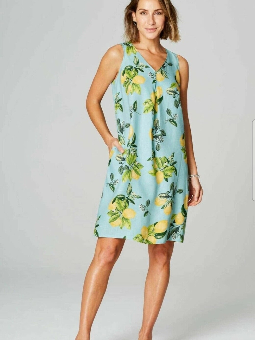 J.Jill Love Linen Sleeveless Lemon-Print V-Neck Shift Dress With Pockets Size M